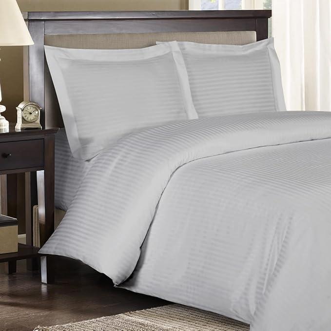 Precious Star Linen | Egyptian Cotton | Duvet Cover Super King 98x108 Inch | Zipper Closure & Corner Ties | Lightweight Breathable - 1 Piece Premium Duvet Cover Silver Grey Striped