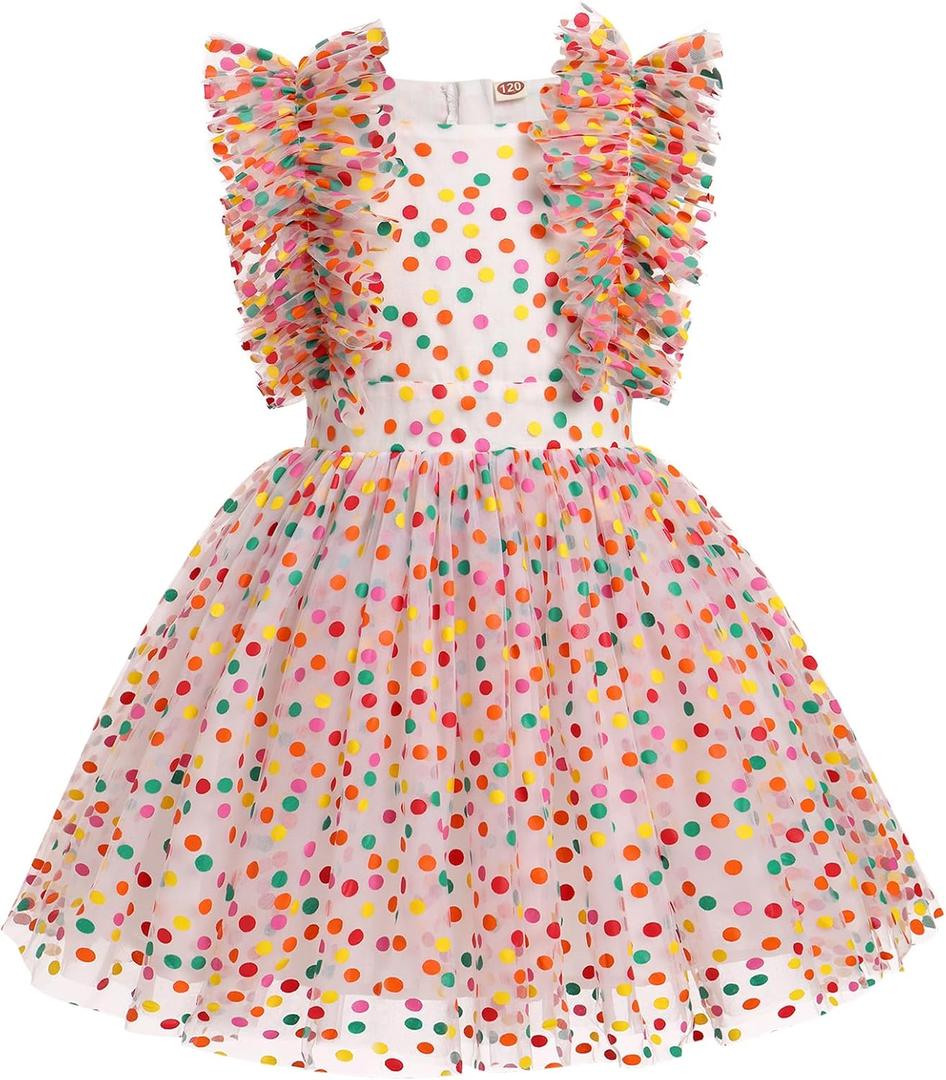 Kids Girls Confetti Birthday Princess Dress Ruffle Sleeve Boho Cake Smash Photo Shoot Outfit 3-10T (5-6 Years, Rainbow Dots)