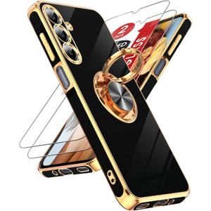 LeYi for Galaxy A16-5G Phone Case: 2 Pack Tempered Glass Screen Protector and 360 Rotatable Ring Holder Magnetic Kickstand, Plating Rose Gold Edge para Samsung A 16 5G, Black
