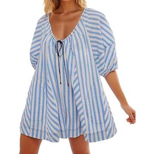 Y2k Shorts Romper Tie Front Casual Maternity V Neck Vacation Cute Puff Sleeve Summer Tshirt Rompers (Large, Blue)