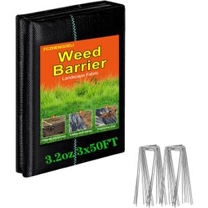 FZHENGDELI Heavy Duty Weed Barrier, 3.2oz Thick Geotextile Landscape Fabric 3ft x 50ft with 20 U-Shaped Stakes, Commercial Grade Weed Block Ground Cover, Black