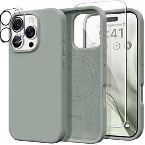GONEZ Compatible with iPhone 16 Pro Max Case, Compatible with MagSafe, Liquid Silicone Case, 2 Screen Protectors + 2 Len Protectors, Full Body Protective Shockproof Phone Cover 6.9", Calke Green