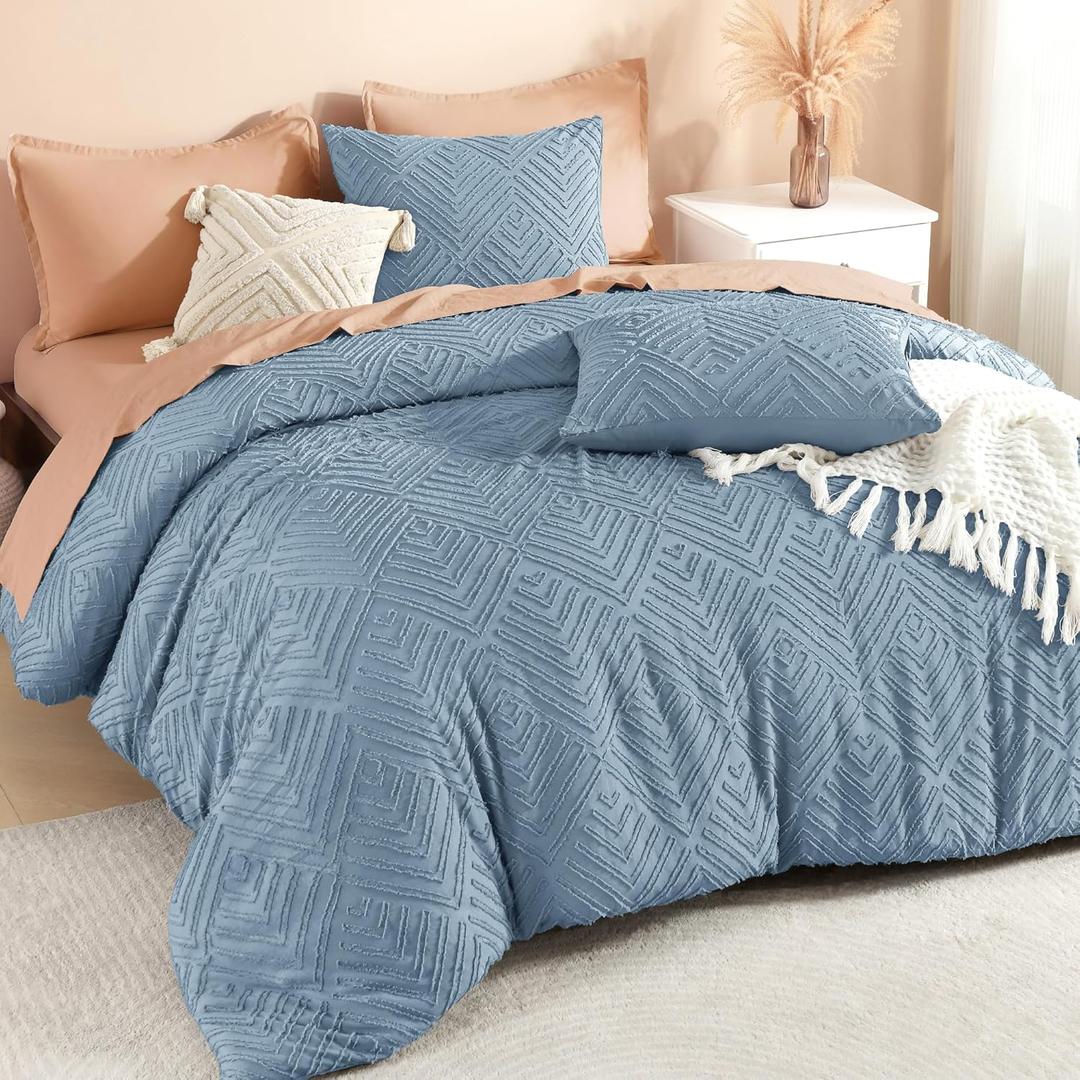 Litanika Grayish Blue Super King Size Comforter Set, 3 Pieces Tufted Boho Farmhouse Bedding Comforter Sets, Lightweight Fluffy Comforter Bed Set for All Season (120x120In Comforter and 2 Pillowcases)