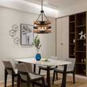 5-Light Round Rustic Chandelier Light Fixture, Farmhouse Hanging Pendant Lighting with 3-Tier Circular Metal Nature Wood Frame Drum Lights for Kitchen Island Entryway Dining Room