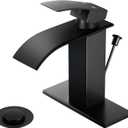 Qomolangma Black Waterfall Bathroom Faucet with Lift Rod Drain, Modern Single Handle Bathroom Faucets for 1 or 3 Hole Bathroom Sink Faucet Mixer Tap Washbasin Faucet with Deck and Supply Hoses