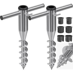 Beach Umbrella Sand Anchor, Heavy Duty Screw Anchor for Sand & Grass, Portable In-Ground Windproof Base with 3 Sleeve Design, Fully Welded Holder Fits 1" to 2" Outdoor Umbrella Poles, 2 Pack