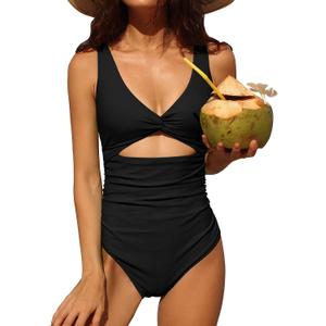 Charmo Womens One Piece Swimsuit Ruched Tummy Control High Cut Backless V Neck Bathing Suits Swimwear (Black, XL)