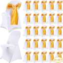 Lounsweer 50 Pcs Folding Chair Cover Set with 25 Stretch Spandex Slipcovers 25 Satin Chair Sashes Bows Ribbon Washable Banquet Protector for Wedding Event Party(White, Gold)
