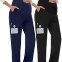 2 Pack Women's Maternity Scrubs Pants with 6 Pockets Pregnancy Workwear Stretchy Straight Leg Cargo Trousers (XX-Large, Black, Navy Blue)