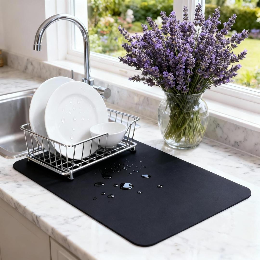 Dish Drying Mat Super Absorbent  16" x 12" Coffee Mat for Countertops  Non-Slip Drying Mat for Kitchen Counter  Easy to Clean Water Absorbent Mat  Quick Dry Dish Drying Mats (Black)