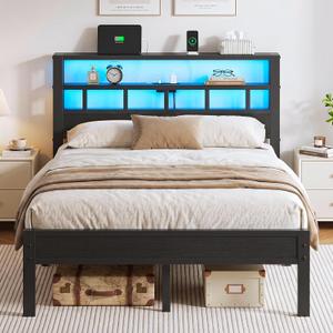Full Size Bed Frame with Charging Station and LED