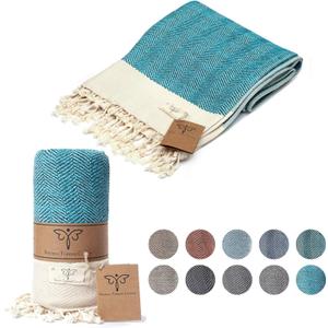 SMYRNA TURKISH COTTON Herringbone Series Large Throw Blanket 60 x 80 inches Large, Outdoor Blankets, for Couch, Sofa, Bed, Chair, Beach Picnic, Travel Boho Turkish Blanket Throw, Turquoise (Medium)