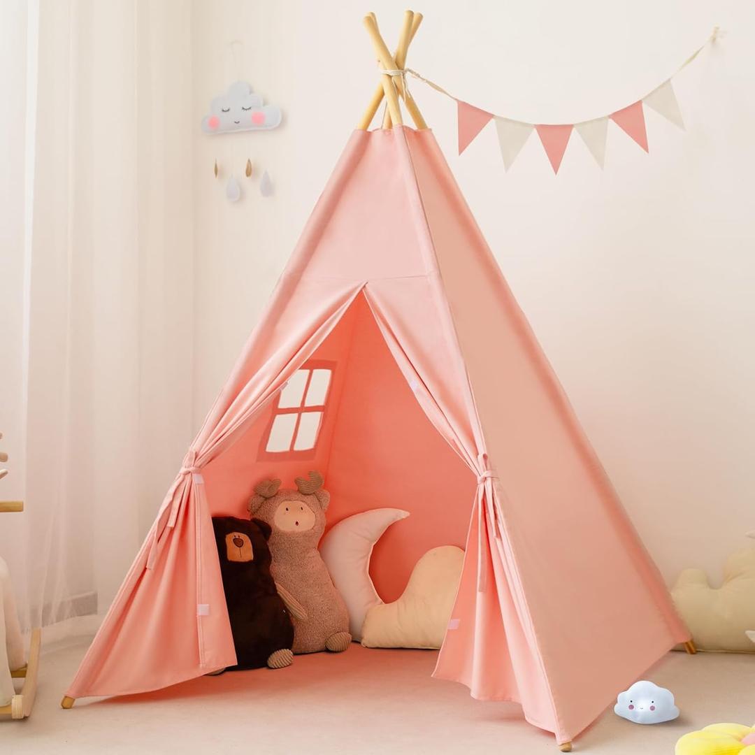 Teepee Tent for Kids-Portable Children Play Tent Indoor Outdoor (Pink) (Pink Without Mat)