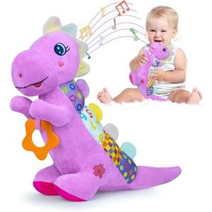 Pack of 2 Baby Dino Musical Stuffed Animal Toys for 0-3-6-9-12 Months，Infant Dinosaur Tummy Time Toys with Crinkle Sound Paper，Teether，Textures & Rattles for Newborn Boys Girls Birthday Gifts，Purple