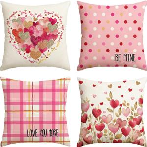 AVOIN colorlife Valentine's Day Heart Pink Throw Pillow Covers, 18 x 18 Inch Golden Leaves Love You More Be Mine Buffalo Plaid Polka Dot Anniversary Wedding Cushion Case Decoration for Sofa Set of 4