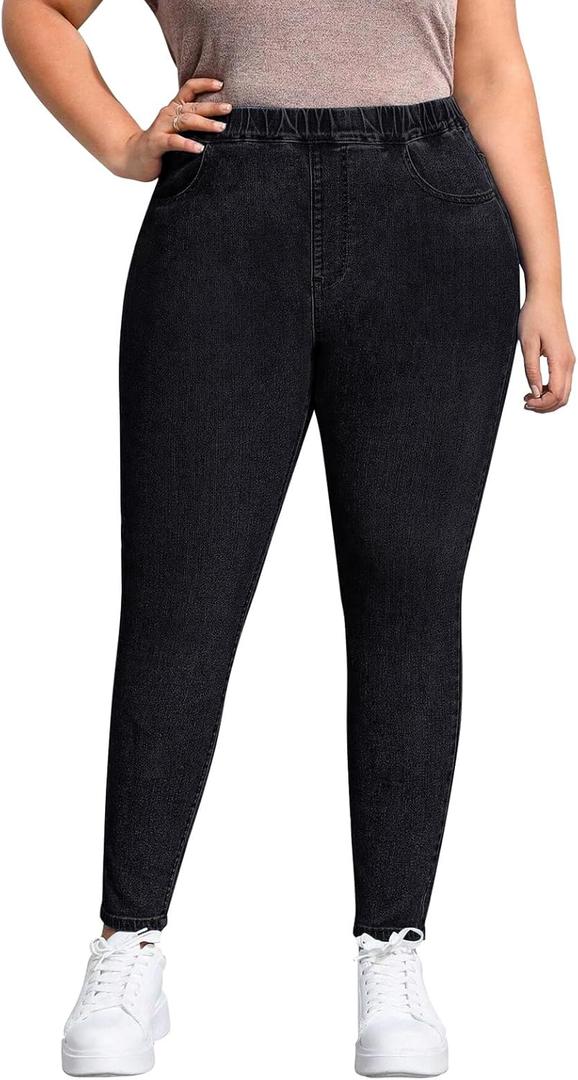 Plus Size Ankle Jeans for Women Pencil Women Jeans Capri Length Black High Waist Skinny Denim Mom Jeans Pants (Plus-Size, 4XL, 20W,Black1) (Black)