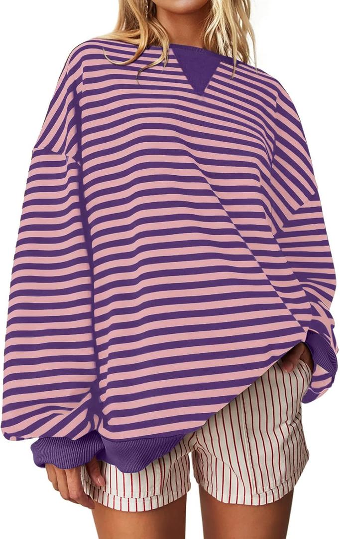 Darong Women Oversized Striped Color Block Long Sleeve Crew Neck Sweatshirt Casual Cotton Pullover Sweatshirts Fall Cloth (Small, Deep Purple/Pink), M