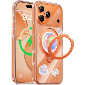 Peerock Summer Series 360 Spin Stand for iPhone 17 Pro Max Case (Compatible with MagSafe) [Military Drop Protection] Magnetic Clear Shockproof Protective for 17 Pro Max Phone Case 6.9'', Cosmic Orange