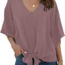 VIISHOW Womens Tie Front Loose Short Sleeve V Neck Floral Blouses Chiffon Tops Summer Shirts, Gray Pink, Large