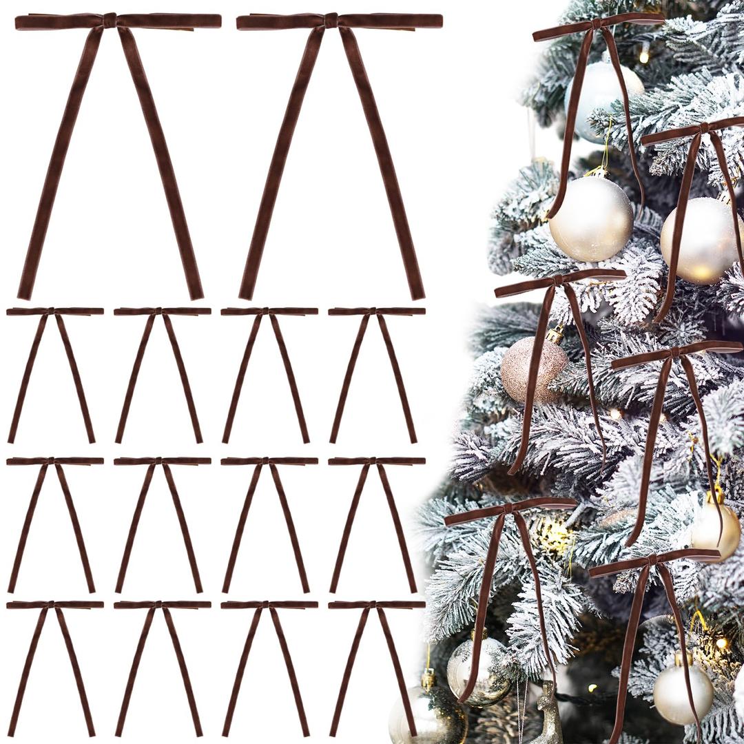 Apeseek 40 Pcs Brown Velvet Christmas Tree Bows 3/8'' Wide, 6x8 Inch Pre-Tied Vintage Brown Xmas Bows for Door Garland Wreath Gifts and Home Decor