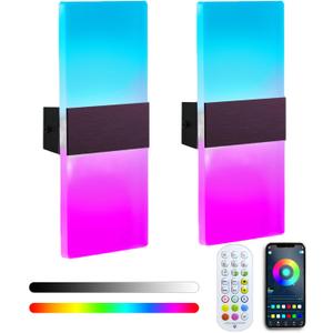 RGB Wall Sconces Set of 2, Modern 16 Million Colors Wall Lights, Dimmable Wall Mounted LED Scones, Color Changing Night Lights with Remote/APP Control for Bedroom Besides/Stairs/Hotel/Porch