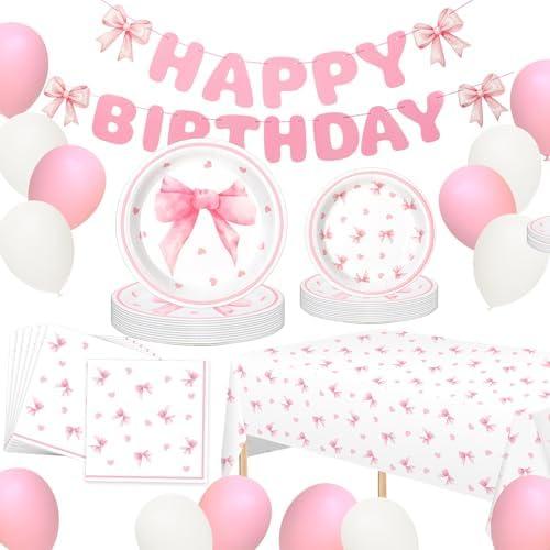 Pack Of 2 Zhehao 66 Pcs Coquette Pink Bow Birthday Party Supplies Include 7" 9" Pink Bow Paper Plates and Napkins Sets Happy Birthday Banner Tablecloth for Coquette Party, Serves 16 Guests