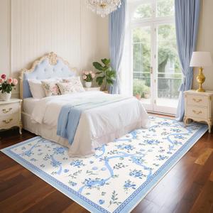 GarveeHome Floral Bow Rugs for Bedroom Girls, 9x12 Area Rugs for Living Room with Soft Low Pile, Non Slip Blue and White Washable Rug 9x12 for Nursery Kids Playroom Dorm Dining Room