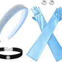 Princess Costume Accessories for Women Headband Choker Earring Long Gloves Set Halloween Dress Up Party Supplies (Blue)