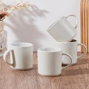 E-far Coffee Mugs Set of 4, 12 oz Stoneware Coffee Cups with Handle for Latte, Tea, Cocoa, Milk, Modern Ribbed Ceramic Mugs for Man Woman, Microwave & Dishwasher Safe, Speckled White