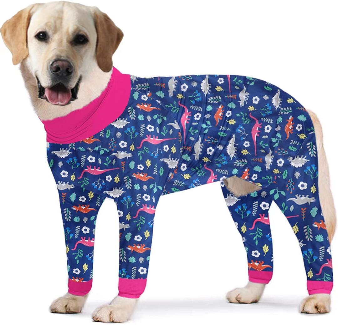 Dinosaur Printed Long Sleeve Recovery Shirts Soft Pajamas Onesie Jumpsuit Prevent Licking Shedding Suit for Large Dogs (Navy, Large)