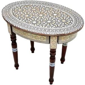 FAMA.store Morrocan Table Design Mother of Pearl Inlaid,Arabic Side Corner cofee Table for Living Room (Brown Oval)