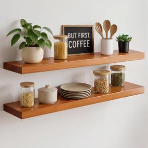 Homeforia Oak Floating Shelves 30 inch Long, High End Solid Real Wood 30inch Floating Shelf for Wall Mounted, Honey Oak Wooden 30in Floating Shelves, Heavy Duty Bracket, 30 X 6.5 X 1.75 in, Set of 2