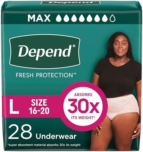 Depend Fresh Protection Adult Diapers, Incontinence & Postpartum Bladder Leak Underwear for Women, Disposable, Maximum, Large, Blush, 26 Count
