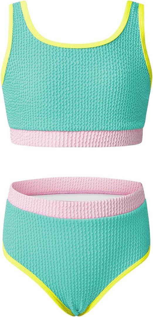 Blibean Tween Girls Swimsuits Two Piece Colorblock Bikini Sets with Chest Pad Size 6-15 Years (S)