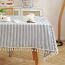 meioro Table Cloth Blue Striped Tablecloth Tassels Cotton Linen Dust-Proof Table Cover for Dining Coffee Buffet Kitchen Picnic Tables Parties Tablecloths(52 x 70 Inch, Blue) (70" x 52" (Rectangular))