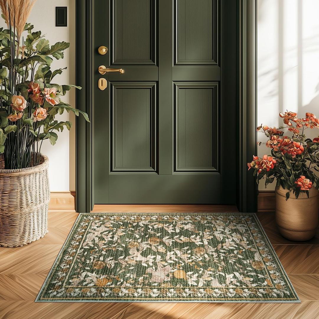 jinchan Eden Floral Area Rug 2x3 Entryway Vintage Washable Indoor Doormat Accent Rug Lightweight Soft Christmas Small Non-Slip Low Pile Distressed Green Carpet for Entrance Kitchen Bedroom Bathroom