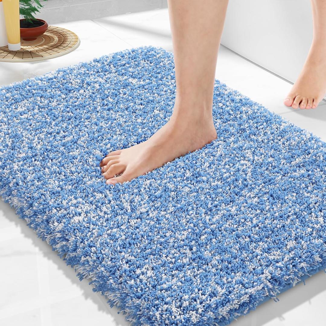 Yimobra Bathroom Rugs Non Slip Washable 24x17, Ultra Soft and Water Absorbent Bath Mats, Plush Fluffy Shower Mat Outside, Microfiber Thick Matts for Bathroom Floor/Sink, Blue and White
