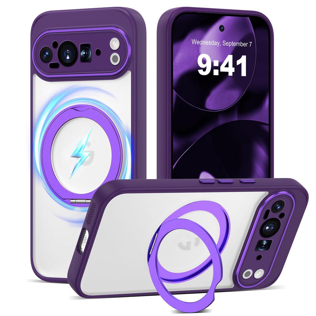 AmoraAqua Compatible with Google Pixel 9 Pro XL Case with 360° Magnetic Ring Stand [Compatible with Mag-Safe ] Shockproof Translucent Phone Case for Google Pixel 9 Pro XL 6.8 inches,Purple