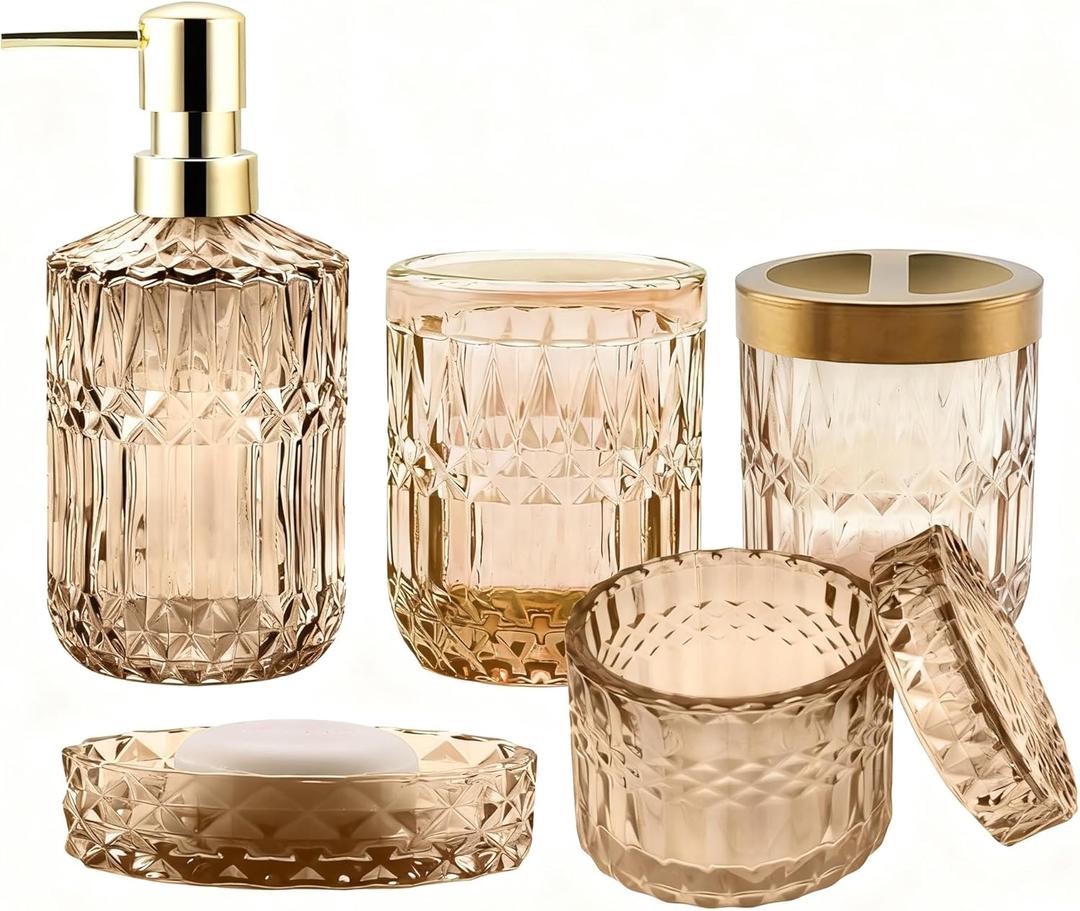 5Pcs Amber Bathroom Accessories Set, Glass Bathroom Accessories, Vintage Bathroom Countertop Decoration Includes Soap Dispenser, Toothbrush Holder, Qtip Holder,Soap Dish and Rinsing Cup