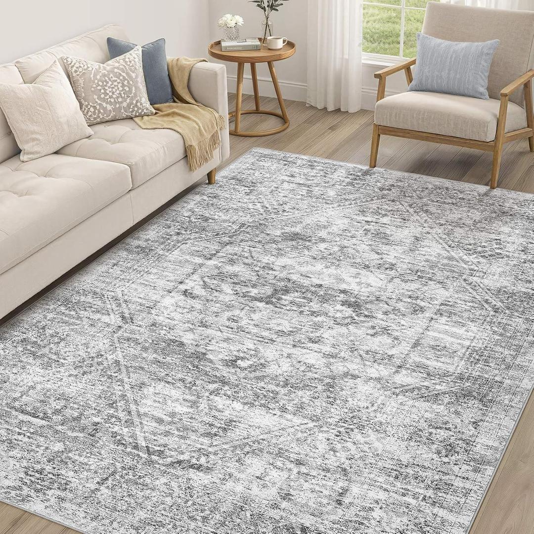 Vintage Living Room Area Rug 6x9 - Large Soft Washable Oriental Traditional Distressed Farmhouse Rugs for Bedroom - Indoor Floor Accent Carpet for Home Office House Decor - Distressed Grey