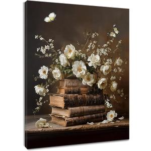 EOBTAIN Floral Book Wall Art Watercolor White Vintage Flower and Books Bathroom Canvas Wall Art Rustic Country Canvas Prints Art Home Decor for Living Room Bedroom 16x24 Inches