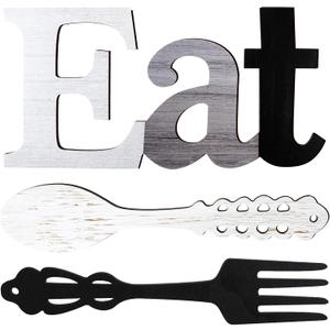 Jetec Set of Eat Sign, Fork and Spoon Wall Decor, Rustic Wood Decoration, Cute Eat Letters for Kitchen and Home, Decorative Hanging Wooden Letters, Country Wall Art for Room(Stylish Colors)