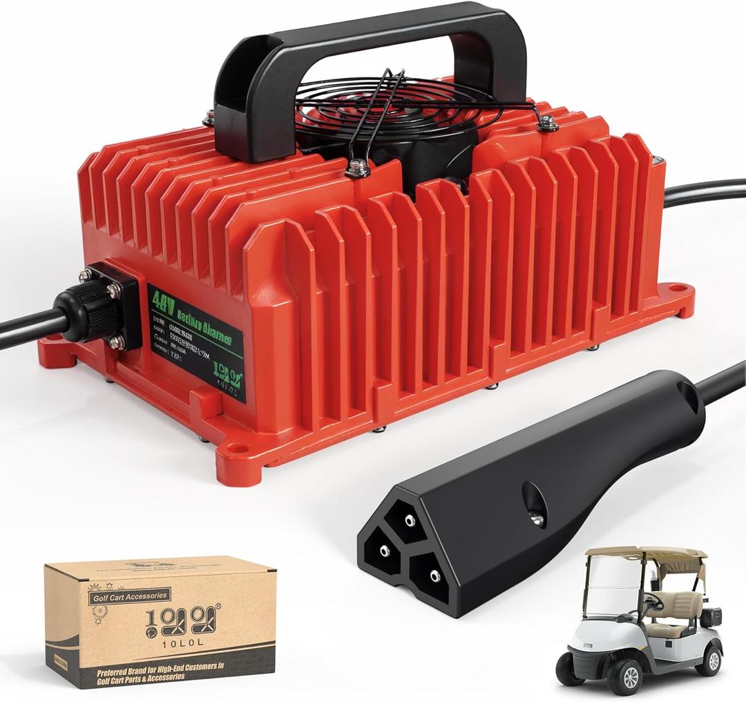 10L0L Smart Golf Cart Battery Charger for EZGO TXT & RXV, 15 AMP 48 Volt Golf Cart Charger with 3-pin Triangular Plug Fits Lead-Acid and Lithium Battery (Red)