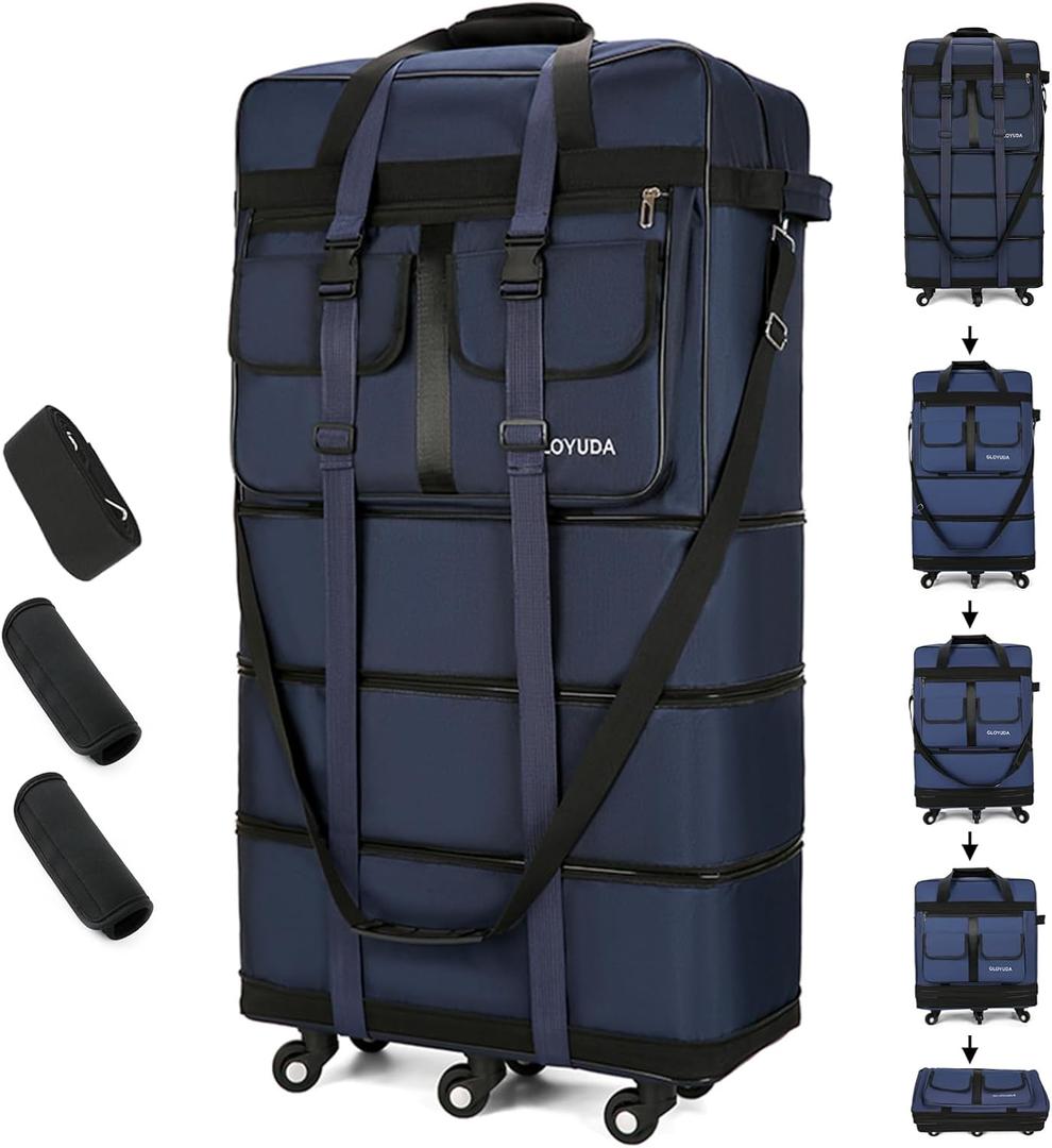 130L Expandable Luggage, 40 Inch Suitcase with Wheels, Collapsible Luggage with Wheels, Rolling Duffle Bag with wheels,Foldable Suitcase with2Handle Wrap 2Fixing Straps 1Shoulder Strap (Blue), Large