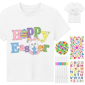 Cinrobiye Easter DIY Shirt Kit Happy Easter Craft T Shirt with Pom Poms Balls Make Your Own Easter Clothing for Girls and Boys Classroom Art Project Creative Costume Party Activity (White1, 7-10)