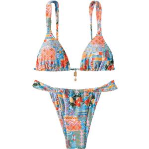Women's 2 Piece Floral Tropical Print Bikini Set Boho Triangle Bathing Suit Tie Backless Swimsuit Sets (Medium, Orange and Blue)
