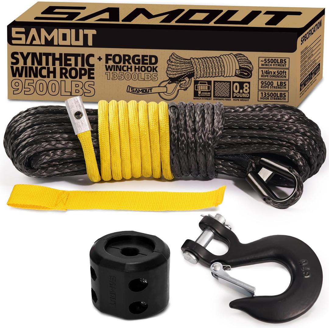 Synthetic Winch Rope Kit, 1/4in x 50ft 9500LBS Cable + Forged 13500LBS Winch Hook + Rubber Stopper + Safety Pull Strap, Yellow