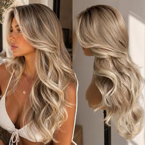 KOME Ash Blonde Highlight Synthetic Lace Front Wig,13x4 HD Lace Glueless Layered Bouncy Blowouts Blonde Wigs for Women Daily Use 26IN#TT4/T2713A