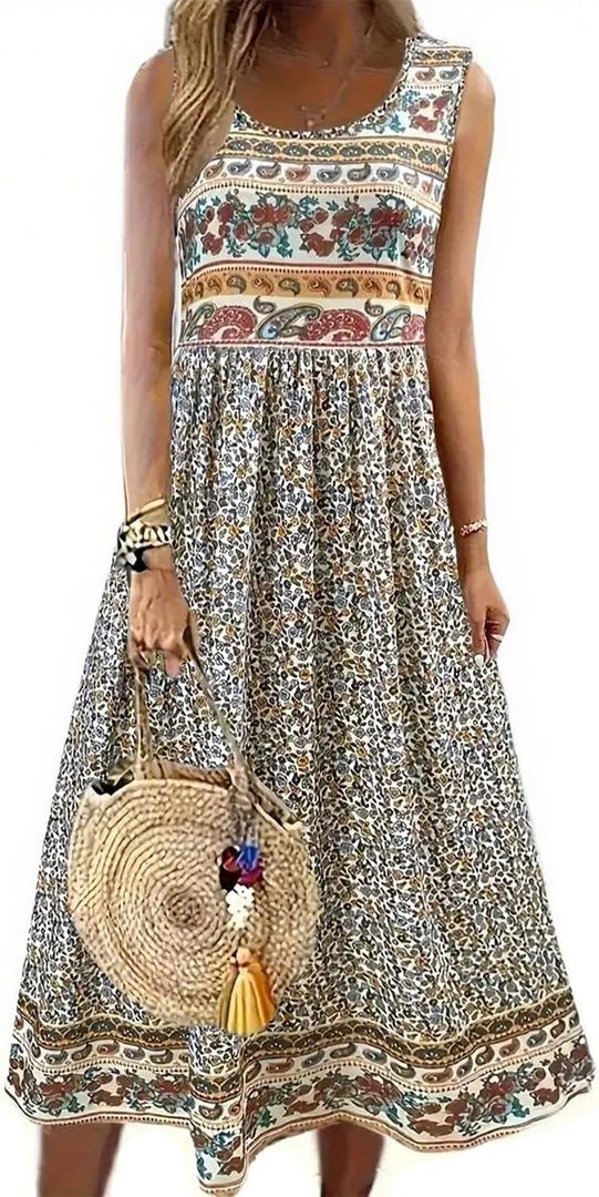 Tank Dresses for Women 2025 Summer Boho Floral Crew Neck Sleeveless Long Sundress Loose Casual Beach Dress with Pocket (Large, Orange)
