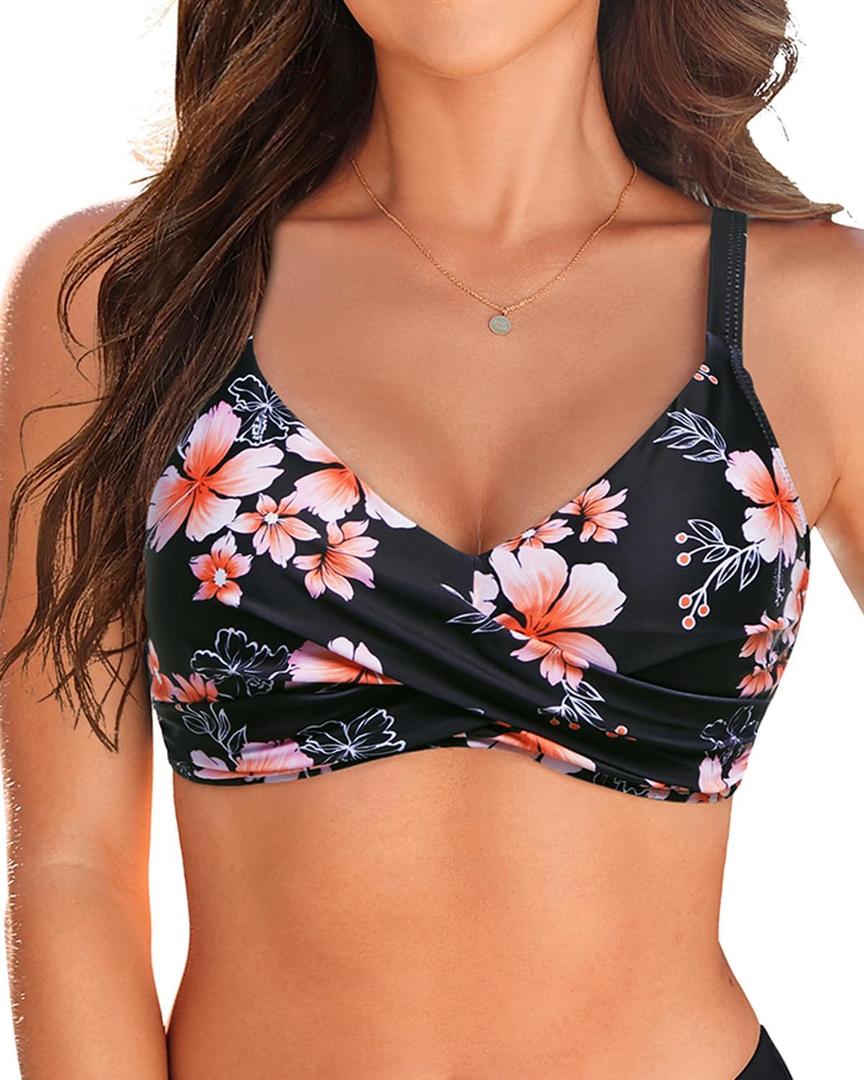 Women Underwire Bikini Top Only - Push Up Bathing Suit Top Padded Swim Bra 2025 Swimsuits Top (Large, Black Floral)
